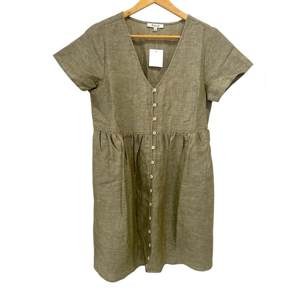 NWT Madewell Linen-Blend Alexandra Button-Front Mini Dress in Olive Branch - S - Picture 4 of 14